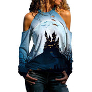 Halloween Off Shoulder Printed Top Womens Casual Loose Stitching Long Sleeved T Shirt - Deck Em Up