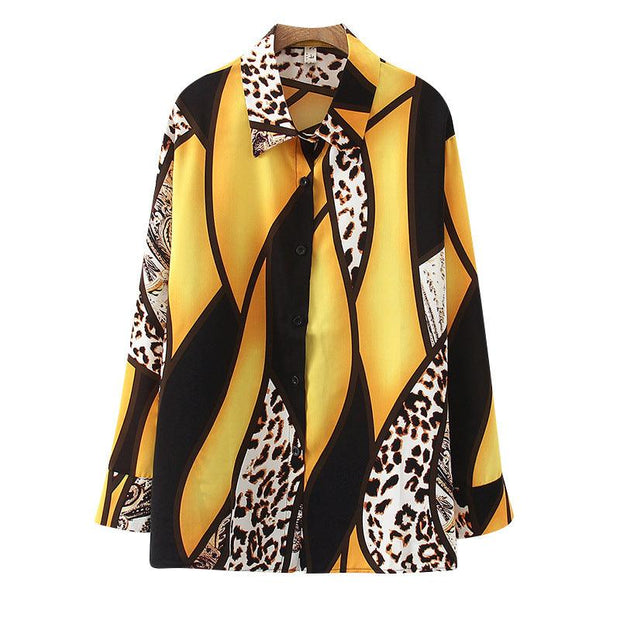 Westernstyle Allmatch Color Contrast Leopard Print Long Sleeved Chiffon Shirt Womens Top - Deck Em Up