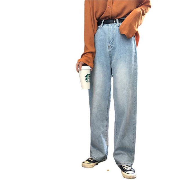 Jeans Women Leisure Loose High Waist Retro Wide Leg Women Jean Korean Style Full Length Trendy Chic Zipper Fly - Deck Em Up