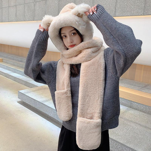 Women's Winter Hats Thickened Plush One-piece Scarf Three Piece Set - Deck Em Up