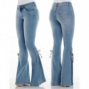 Ladies Jeans Mid-Waisted Denim Trousers Stretch Jeans Side Laced Bow - Deck Em Up