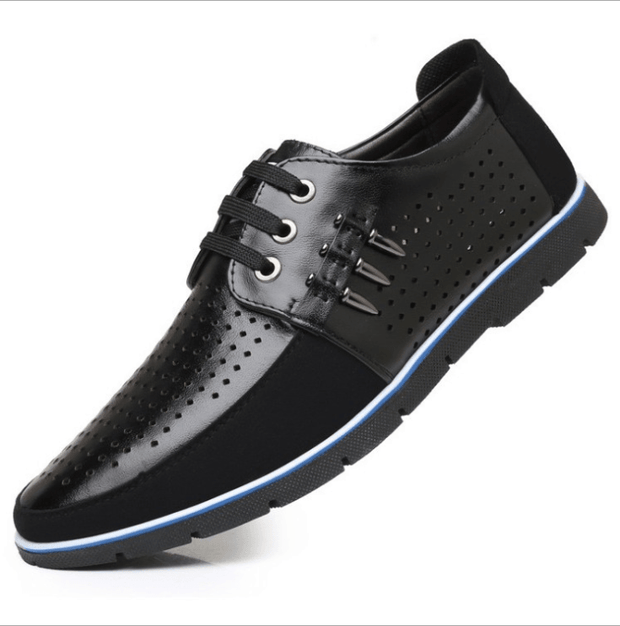Men's Leather Shoes Korean Casual Leather Shoes First Layer Cowhide Three-color Lace Round Head Hollow Dress Youth Shoes - Deck Em Up