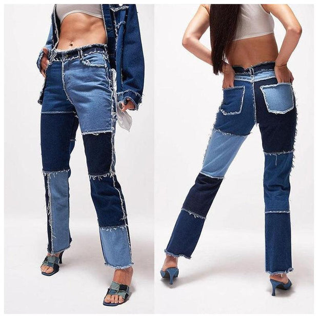 High Elastic Stitching Raw Edge Women's Straight-Leg Jeans - Deck Em Up