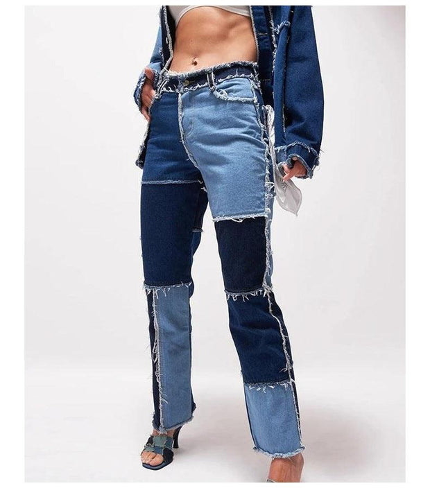 High Elastic Stitching Raw Edge Women's Straight-Leg Jeans - Deck Em Up