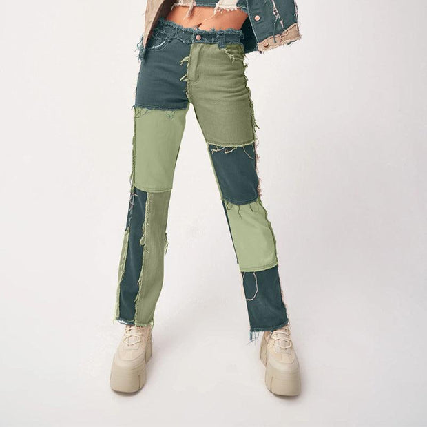 High Elastic Stitching Raw Edge Women's Straight-Leg Jeans - Deck Em Up