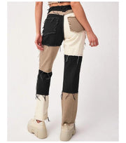 High Elastic Stitching Raw Edge Women's Straight-Leg Jeans - Deck Em Up