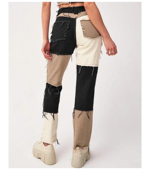 High Elastic Stitching Raw Edge Women's Straight-Leg Jeans - Deck Em Up