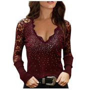 Sexy Hot Women Rhinestone Off-The-Shoulder Long Temperament Lace Bottoming Shirt - Deck Em Up