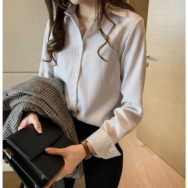 Spring Women's Korean Style New Casual Student Shirt Bottoming Shirt Fashion Loose Long-Sleeved Vertical Striped Shirt - Deck Em Up