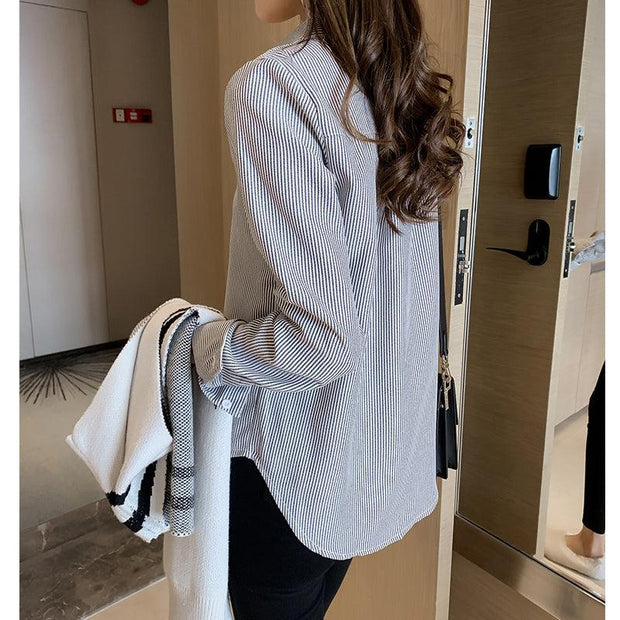 Spring Women's Korean Style New Casual Student Shirt Bottoming Shirt Fashion Loose Long-Sleeved Vertical Striped Shirt - Deck Em Up