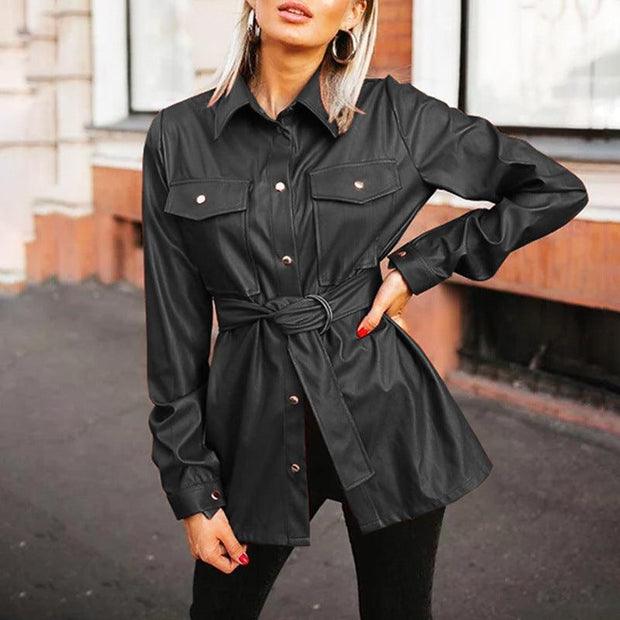 Fashion Womens Solid Color Casual Temperament Belt Pocket Lapel Leather Shirt - Deck Em Up