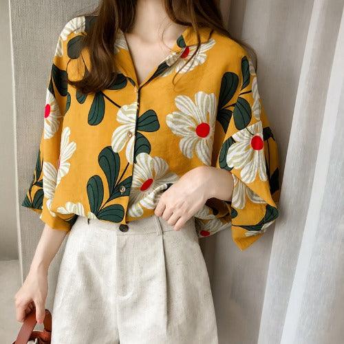 Loose Western Style Blouse Chiffon Sunscreen Shirt Retro Floral - Deck Em Up