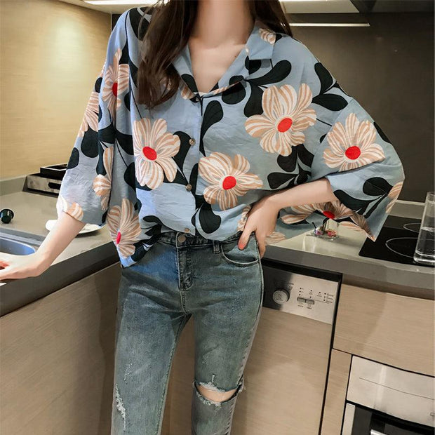 Loose Western Style Blouse Chiffon Sunscreen Shirt Retro Floral - Deck Em Up