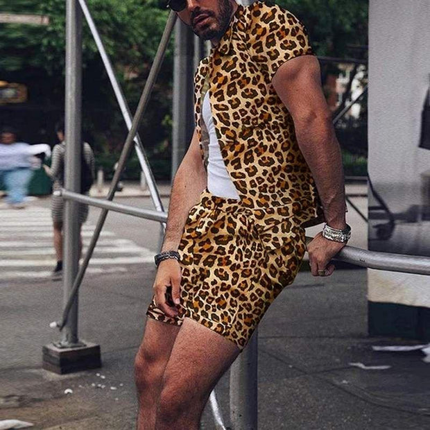 Summer Wear Men Sets Leopard Printed Lapel Short Sleeve - Deck Em Up