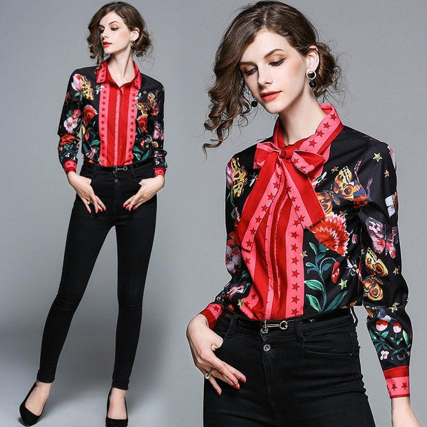 Printed Slim Long Sleeved Versatile Lapel Red Shirt Women Sexy - Deck Em Up