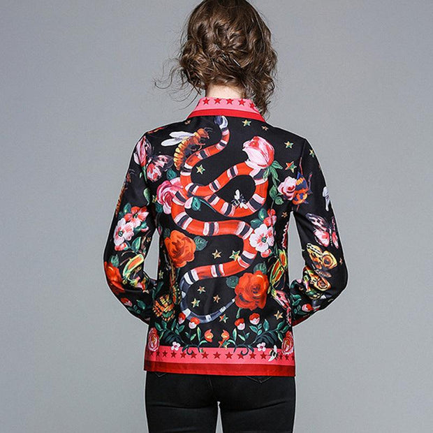 Printed Slim Long Sleeved Versatile Lapel Red Shirt Women Sexy - Deck Em Up