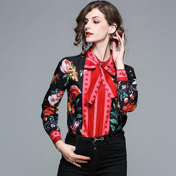 Printed Slim Long Sleeved Versatile Lapel Red Shirt Women Sexy - Deck Em Up