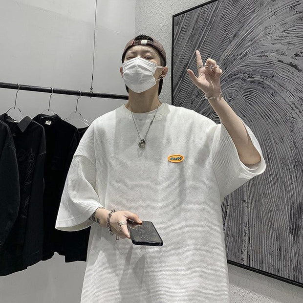 Japanese Casual Men's 5-sleeve T-shirt Men''s Loose Fashion Brand Round Neck Street Waffle Half Sleeve T-shirt Men''s Wear - Deck Em Up