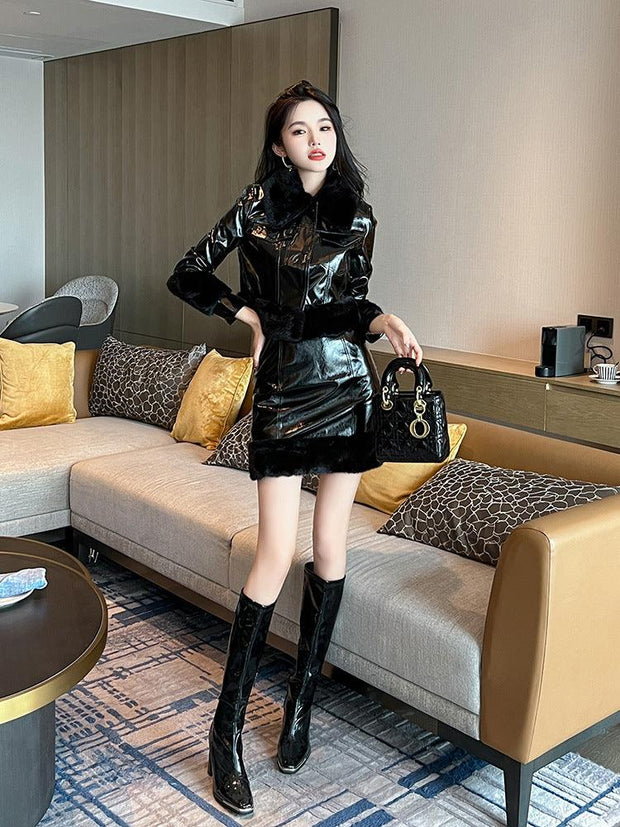 Autumn And Winter Clothing New Fashion Short Leather Coat Sheath Skirt Two-piece Set - Deck Em Up