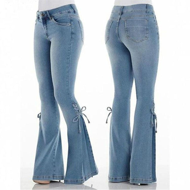 Ladies Jeans Mid-Waisted Denim Trousers Stretch Jeans Side Laced Bow - Deck Em Up