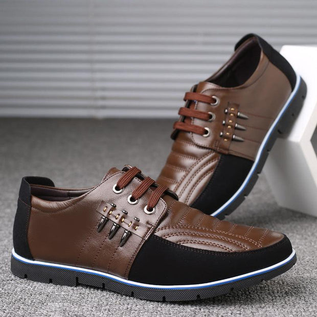 Men's Leather Shoes Korean Casual Leather Shoes First Layer Cowhide Three-color Lace Round Head Hollow Dress Youth Shoes - Deck Em Up