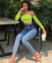 High Waist Jeans Sexy Side Laced Bow Women - Deck Em Up