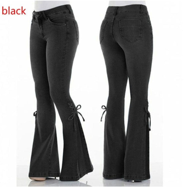 Ladies Jeans Mid-Waisted Denim Trousers Stretch Jeans Side Laced Bow - Deck Em Up