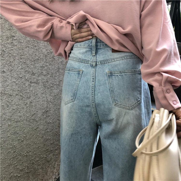 Jeans Women Leisure Loose High Waist Retro Wide Leg Women Jean Korean Style Full Length Trendy Chic Zipper Fly - Deck Em Up