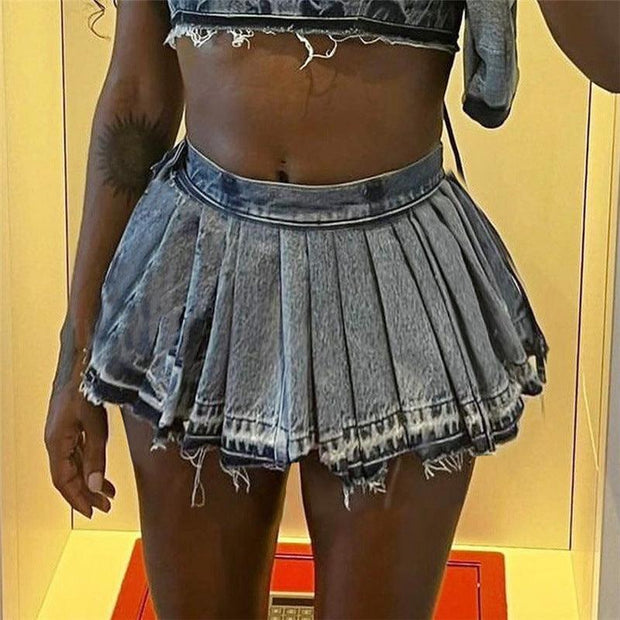 Women's Fashion Wash Ruffle Hip Denim Skirt - Deck Em Up