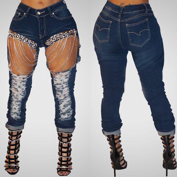 Women Ripped Chain Jeans Big Size 2xl Skinny Jeans Hot Sexy Designer Fashion - Deck Em Up