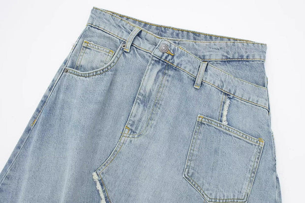 Fashionable Asymmetric High Waist Denim Skirt - Deck Em Up