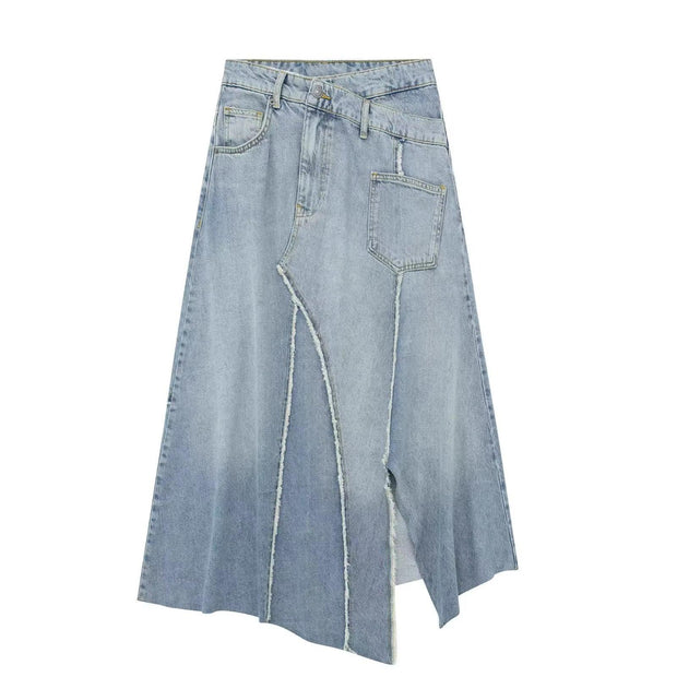 Fashionable Asymmetric High Waist Denim Skirt - Deck Em Up