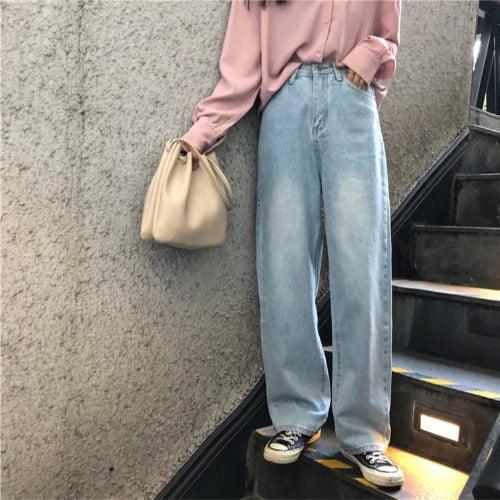 Jeans Women Leisure Loose High Waist Retro Wide Leg Women Jean Korean Style Full Length Trendy Chic Zipper Fly - Deck Em Up