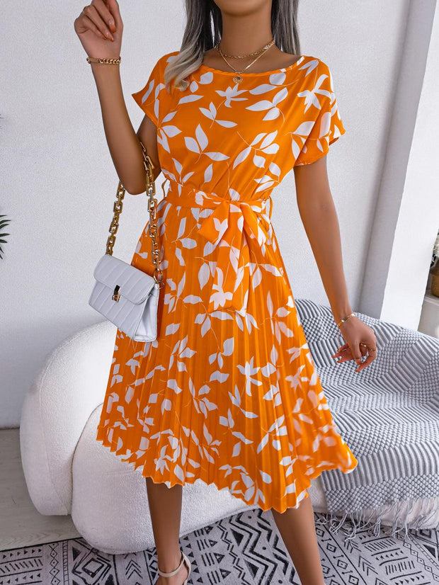 Leaf Print Dress Women Short Sleeve Lace-Up Skirt Summer Beach Dress - Deck Em Up
