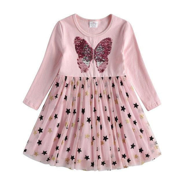 New 3-8 Girls Dress Butterfly Kids Long Sleeve Dresses Baby - Deck Em Up