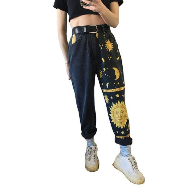 Digital Print Jeans Sun Moon Stars Designer Women - Deck Em Up