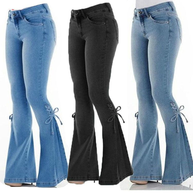 Ladies Jeans Mid-Waisted Denim Trousers Stretch Jeans Side Laced Bow - Deck Em Up
