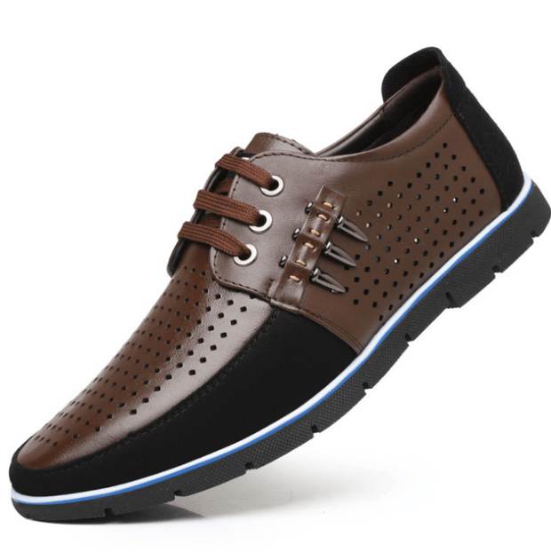 Men's Leather Shoes Korean Casual Leather Shoes First Layer Cowhide Three-color Lace Round Head Hollow Dress Youth Shoes - Deck Em Up