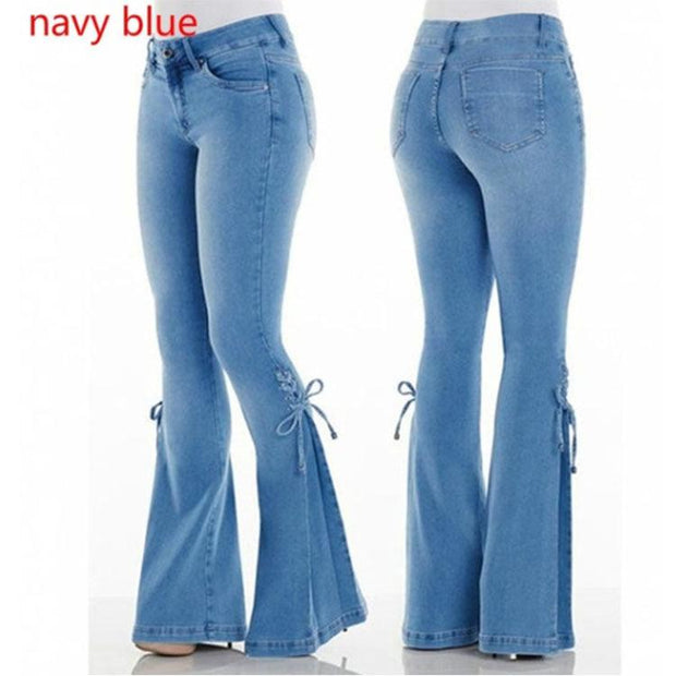 Ladies Jeans Mid-Waisted Denim Trousers Stretch Jeans Side Laced Bow - Deck Em Up