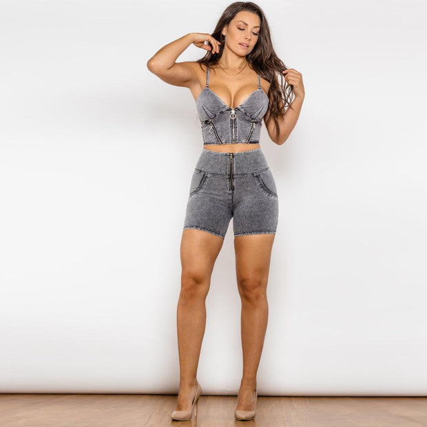 Shascullfites Shaper Set Grey Jeans Short Set Zipper Tanks Crop Top Female Club Party 2 Piece Sets Womens Outfits Summer - Deck Em Up