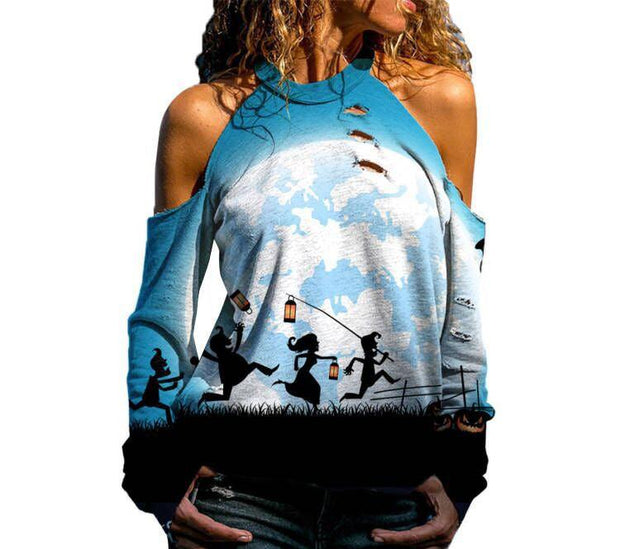 Halloween Off Shoulder Printed Top Womens Casual Loose Stitching Long Sleeved T Shirt - Deck Em Up