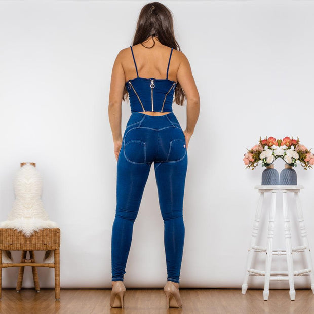 Shascullfites Shaper Set Bodysuit Dark Blue Denim Zipper Body Shaper High Waist Button Style Jeans Two Piece Sets Womens - Deck Em Up