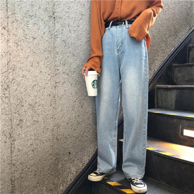 Jeans Women Leisure Loose High Waist Retro Wide Leg Women Jean Korean Style Full Length Trendy Chic Zipper Fly - Deck Em Up