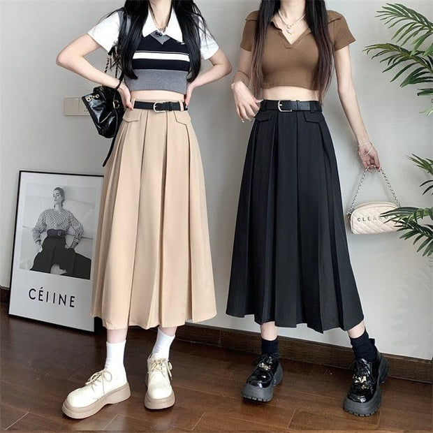 Gray Suit Pleated Skirt Women's Summer New High Waist Slimming Large Hem - Deck Em Up