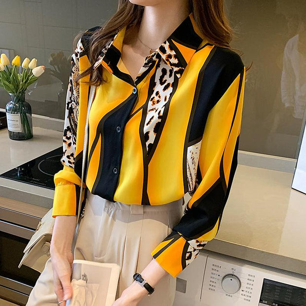 Westernstyle Allmatch Color Contrast Leopard Print Long Sleeved Chiffon Shirt Womens Top - Deck Em Up