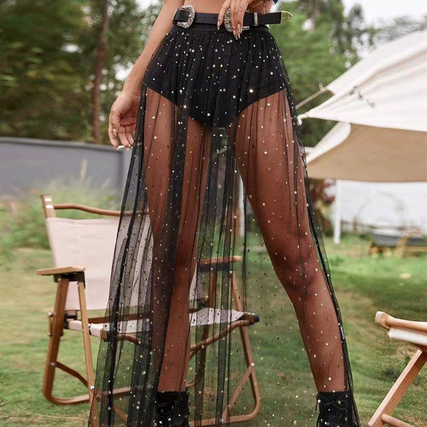Sexy Women's See-through Pleated Skirt Lace Mesh High Waist Skirt - Deck Em Up