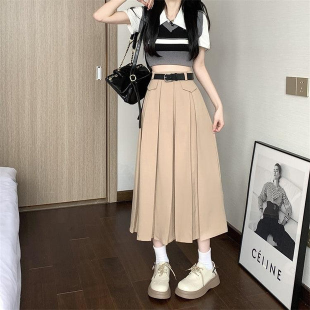 Gray Suit Pleated Skirt Women's Summer New High Waist Slimming Large Hem - Deck Em Up