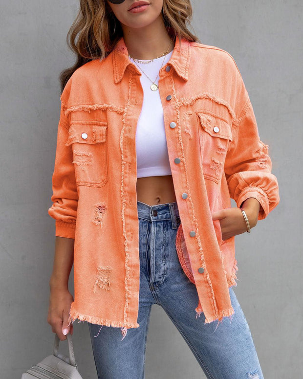 Fashion Ripped Shirt Jacket Female Autumn And Spring Casual Tops Womens Clothing - Deck Em Up