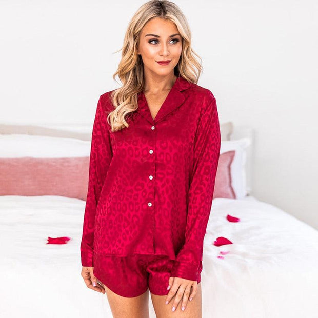 Lapel Long Sleeve Shorts Pajamas For Women - Deck Em Up