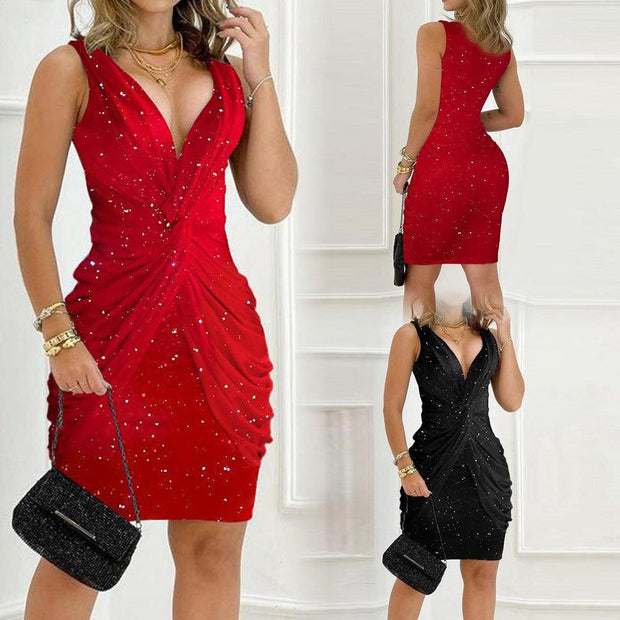 V-Neck Knotted Dusting Powder Sheath And Gorgeous Sexy Fitted Waist Dress - Deck Em Up